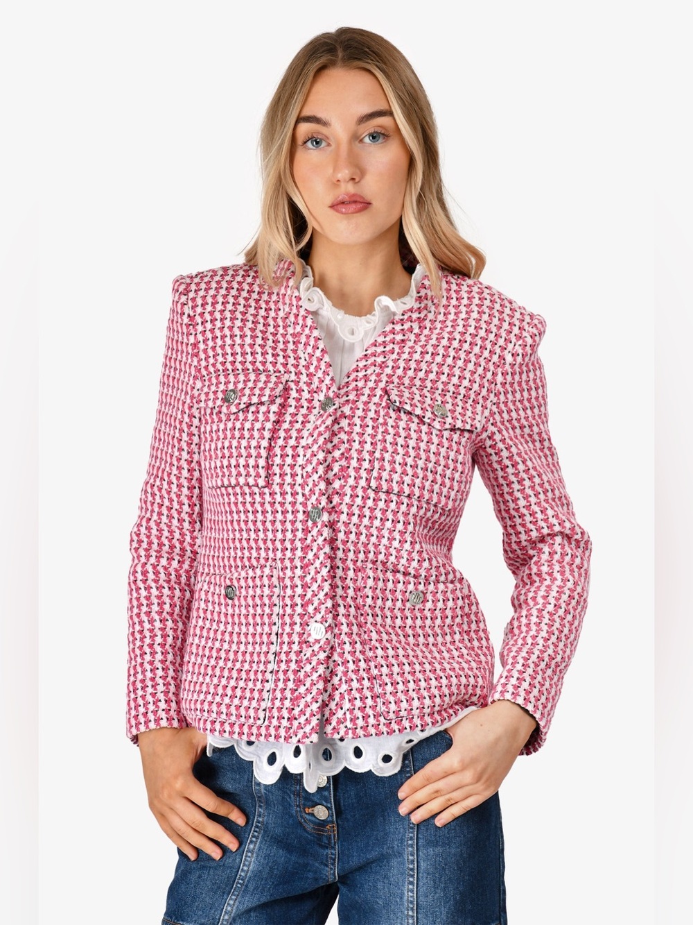 MAJE PINK TWEED POCKET DETAILED JACKET Sz 36 Structured Houndstooth Lady Blazer